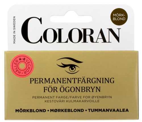 Gele doos bevat permanente wenkbrauwverf, met oogillustratie en merknaam 'Coloran'.