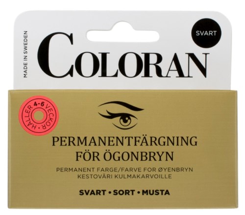 Zwarte permanente make-up voor wenkbrauwen, geschikt voor 4-6 weken gebruik. Zweeds product, eenvoudige verpakking, oogillustratie op label.