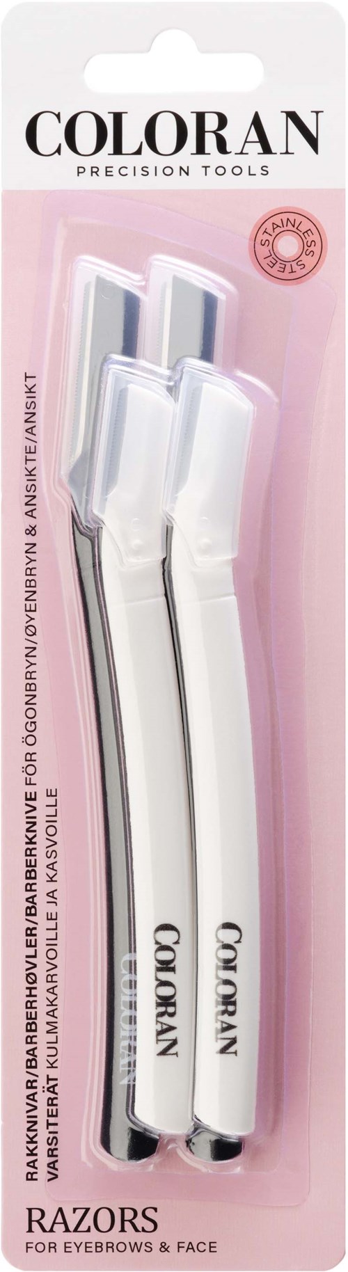 Twee witte scheermesjes met zwarte details in roze verpakking, gemerkt 'Coloran' voor wenkbrauwen en gezicht.