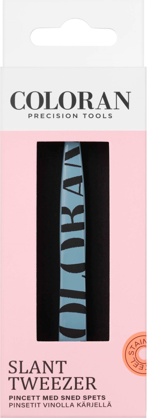 Een set zwarte pincetten met blauwe letters, gelabeld 'Slant Tweezer' in roze en tekst in een andere taal.
