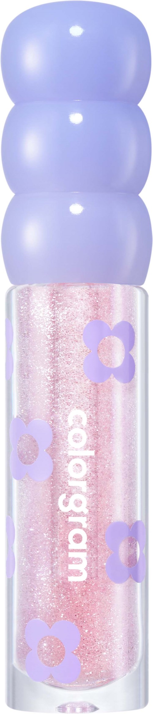 En leppeglansrør med lilla perler på korken og rosa glitter inni, merket Coldgram med lilla blomster.
