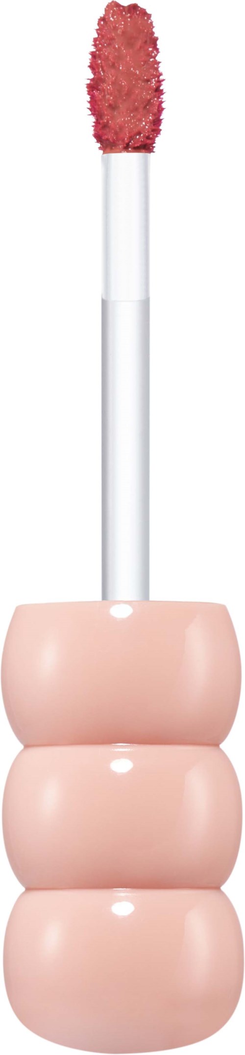 Leppeglans med rosa, skjellformet beholder og applikator med rosa gloss.