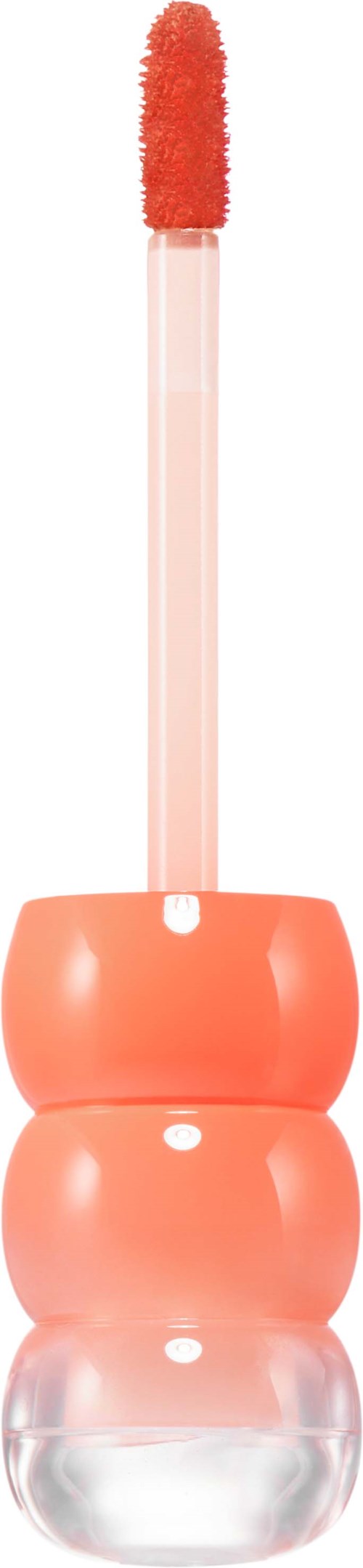 Leppeglans med svampapplikator og rosa lokk, står opprett. Kompakt og skinnende. Designet for lepper.