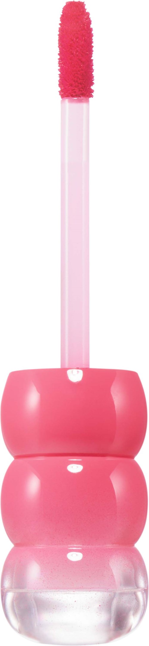 En leppglans med rosa perle og en rosa påføringspinnen. Pinnen er dekket av rosa gloss.