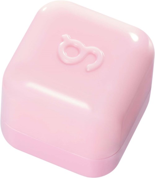 Et rosa, firkantet etui med en låsesymbol på toppen, ser mykt og glatt ut.