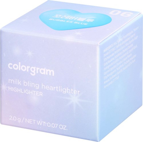 En lys blå og hvit boks av colorgram milk bling heartlighter. Den viser produktnavnet og vekten.
