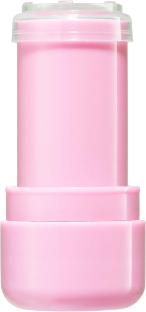 En hvit og rosa sylinderformet beholder med lokk, sannsynligvis en flaske eller oppbevaringskrukke.