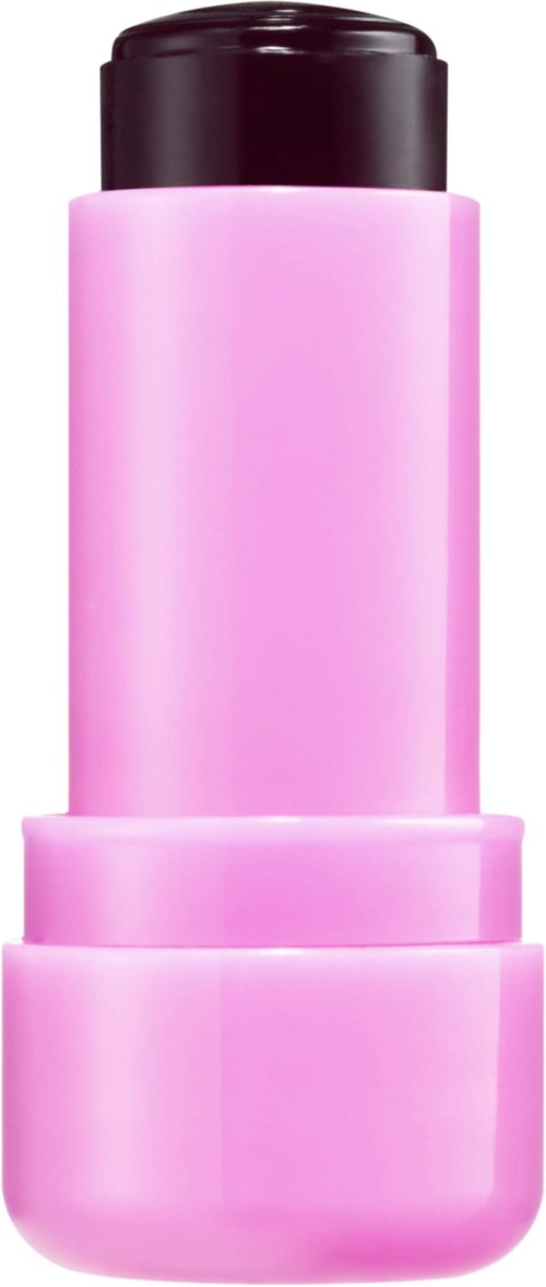 En rosa sylinderformet beholder med svart lokk, sannsynligvis for kosmetikk eller lotion.