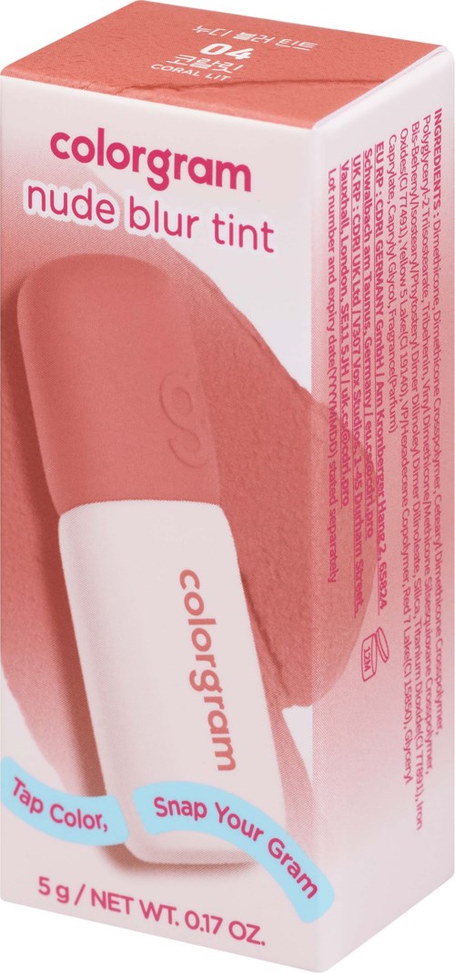 En leppestift eske med rosa og hvitt, viser leppestiftet og etiketter for farge og påføring.