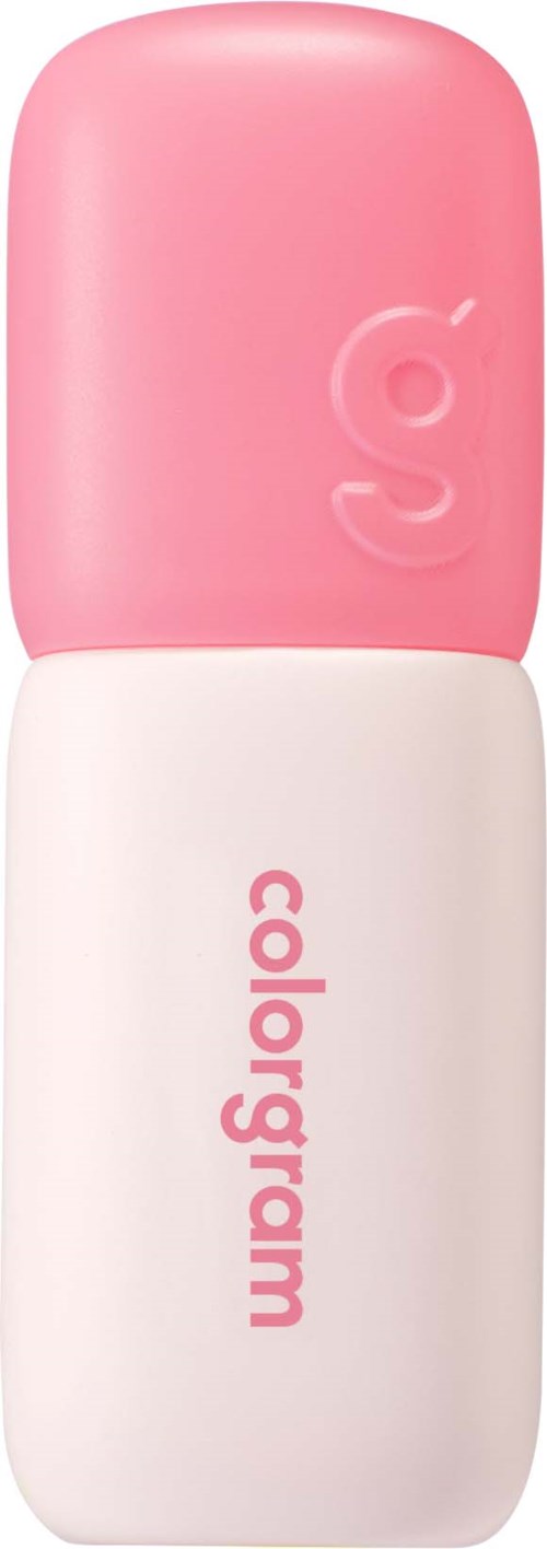 En rosa og hvit beholder med ordet colorgram, sannsynligvis en liten kosmetikk eller lip balm.