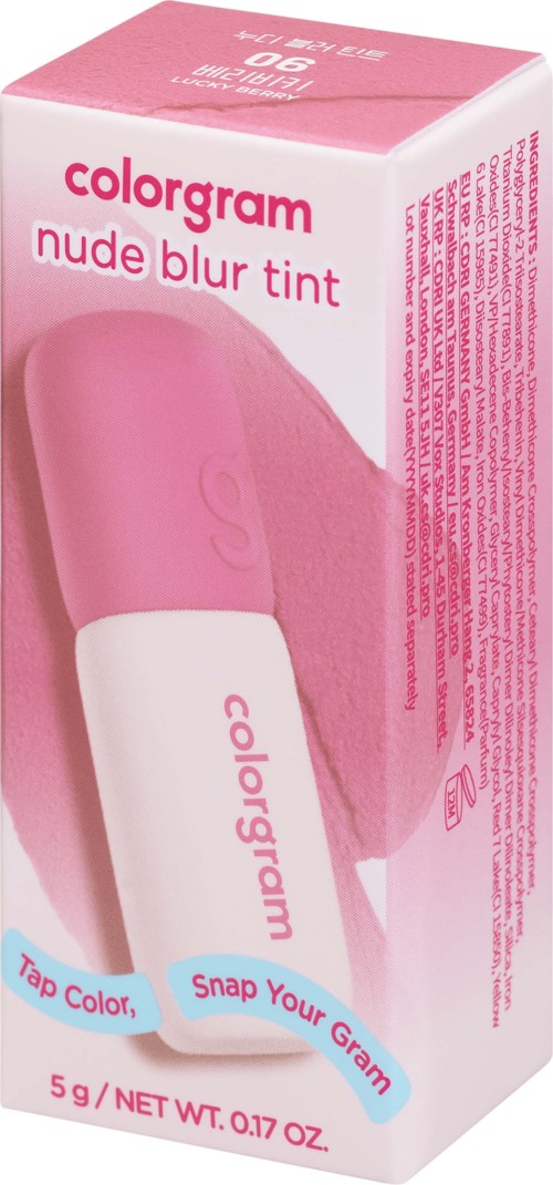 Rosa og hvit eske for fargemaling med myk blandingseffekt, merket som nude blur tint og viser produktbeskrivelse.