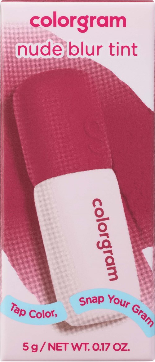 En rosa og hvit sminkeemballasje med teksten 'colorgarm nude blur tint' og 'tap color, snap your gram'.
