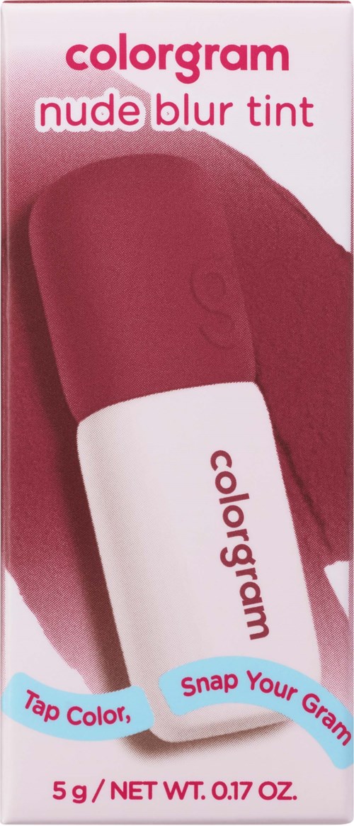 En eske med colorgram nude blur tint med en fargeprøve og en hvit og rosa beholder.