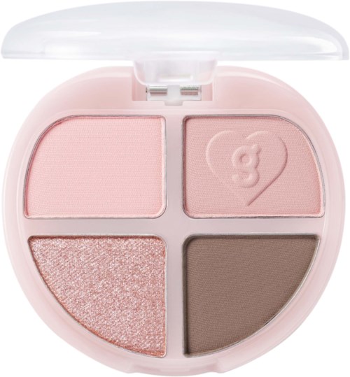 En rosa sminkepalett med fire seksjoner med blush, øyeskugge og en hjerte-logo.