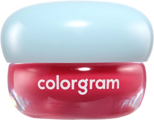 En rød og hvit beholder merket colorgram med rund form og glatt overflate.