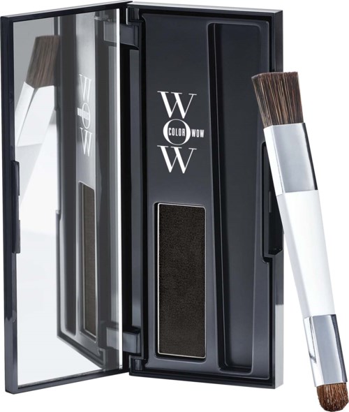 A makeup brush with silver handle and brown bristles in a black case with mirror and compartments.