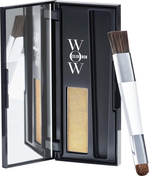 A black makeup palette case with a mirror, gold-colored section, and a double-ended brush.