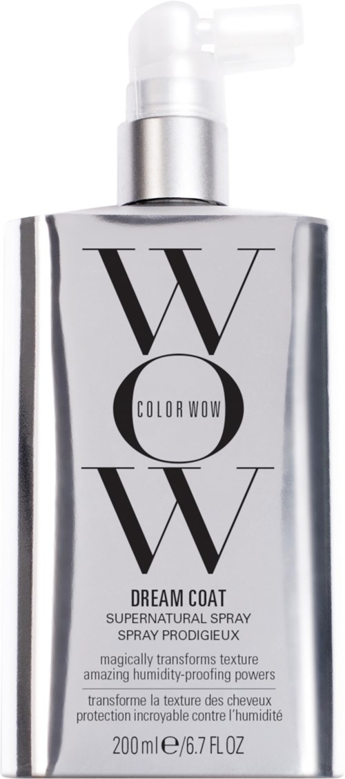 A silver spray bottle labeled 'Dream Coat' with large 'W O W' letters, standing upright.