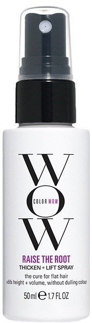 A white spray bottle with black and purple text, called 'Raise the Root Thicken + Lift Spray'.