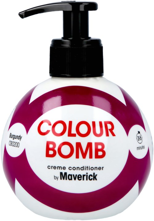 Okrągła butelka z dozownikiem, oznaczona 'Colour Bomb' odżywką Maverick, w kolorach fioletowym, białym i czerwonym.