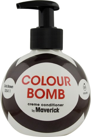 En rund flaska med pump, gråa och vita ränder, och röd text som säger 'Colour Bomb' och balsam.