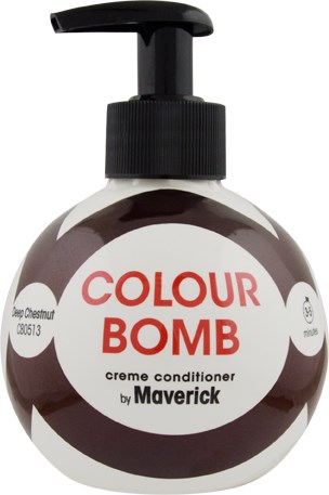 Okrągła butelka z pompką, oznaczona 'Colour Bomb' dla odżywki do włosów, w kolorach czarnym, białym i czerwonym.