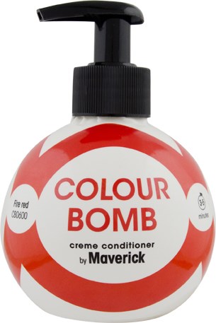 Butelka odżywki do włosów Maverick Colour Bomb z pompką, czerwona i biała etykieta, widoczna nazwa produktu.