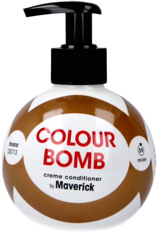 En brun krämkonditioner med svart pump, märkt 'Colour Bomb' av Maverick, dominerar bilden.