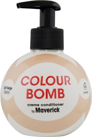 Okrągła butelka kremu odżywczego Colour Bomb od Maverick z czarną pompą, białą i beżową etykietą, czerwony tekst.
