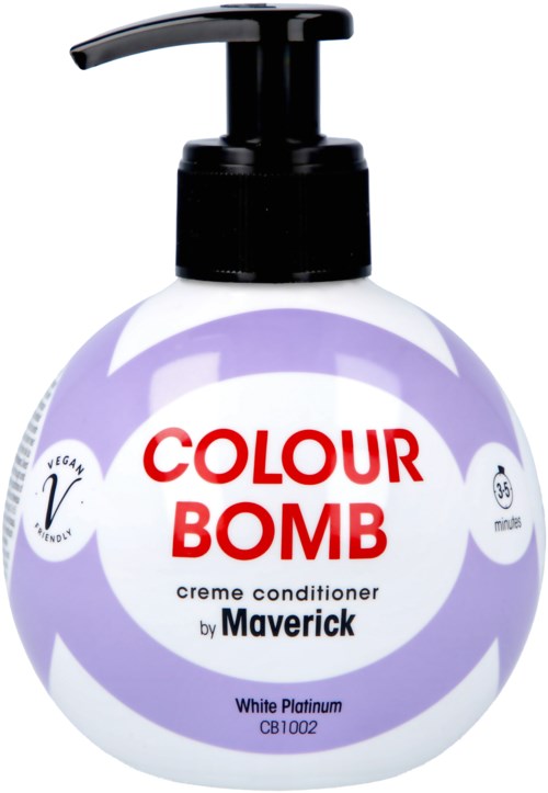 Okrągła butelka z dozownikiem, oznaczona jako Colour Bomb odżywka, ma fioletowy i biały design i jest wegańska.