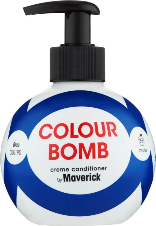 En rund vit flaska med svart pump, märkt 'Colour Bomb' i rött och blått, för balsam.