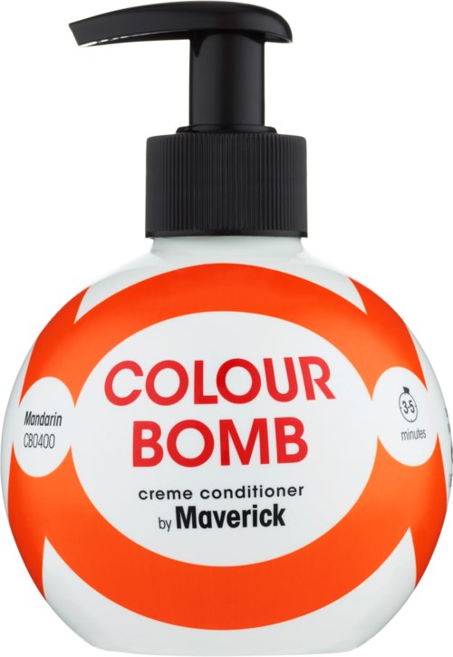 En rund flaska med en svart pump, röd och orange design, och text om färgbomb konditionerare.