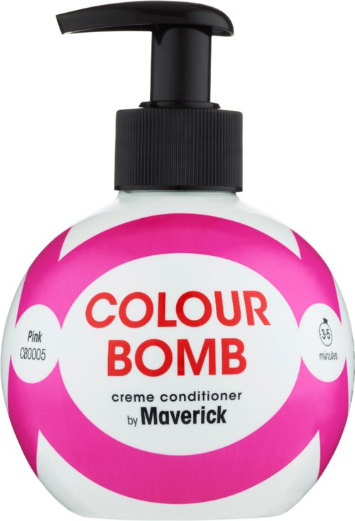 Biała butelka z różowym akcentem, oznaczona 'COLOUR BOMB' odżywka, zawiera dane marki i instrukcje, z czarną pompką.