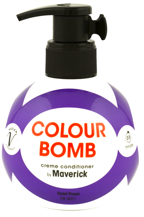 Fioletowa i biała butelka odżywki Colour Bomb z dozownikiem. Oznaczona jako wegańska i zawiera violet power.