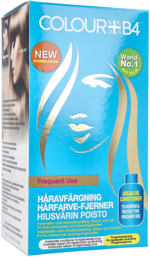 Blue box of hair color product with a face outline and blonde hair illustration, highlighting new formula and frequent use.