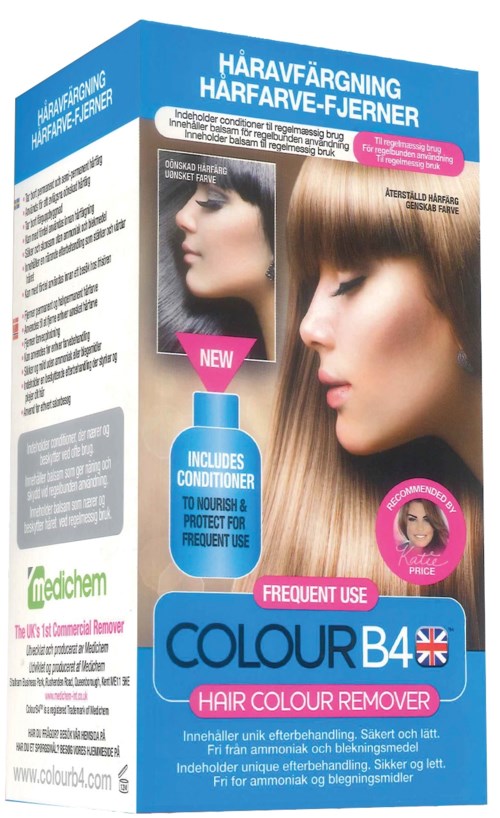 A hair dye removal product box featuring images of two women with different hair colors, emphasizing frequent use and nourishment.