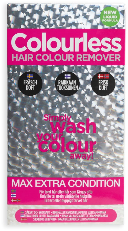 Colorless hair dye remover packaging with pink and silver design, promoting washing out hair color, suitable for frequent use.