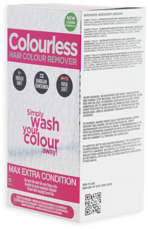 A box of colourless hair colour remover with pink and black text, highlighting it as effective for removing hair dye.