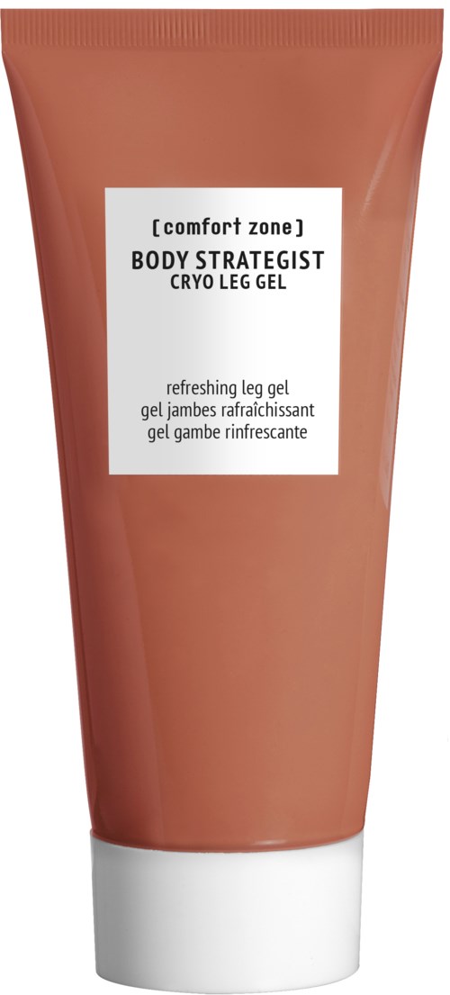 En brun tub med vit lock märkt 'Body Strategist Cryo Leg Gel' för benen.