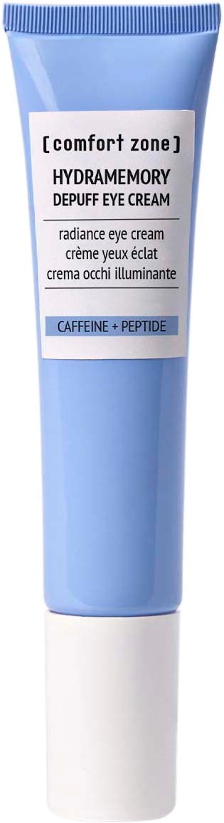Eine blaue Tube Augencreme mit weißem Deckel, Beschriftung Comfort Zone Hydramemory, für Strahlkraft und Feuchtigkeit.