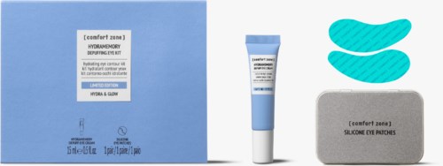 Ein Hautpflege-Set mit einer Schachtel, Tuben, zwei Pflastern und einem kleinen Schwamm für die Augengesundheit.