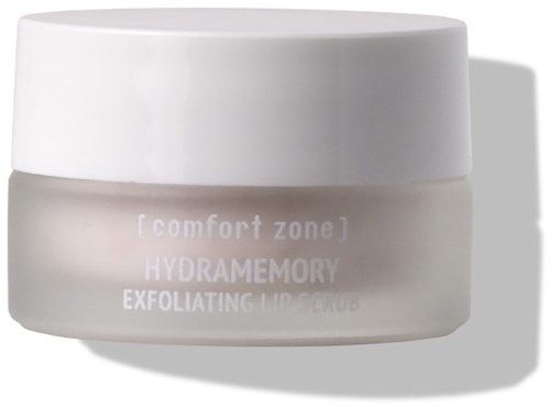 A small, white jar labeled 'Hydramemory Exfoliating Lip Scrub' from Comfort Zone. It has a round lid and a simple design.