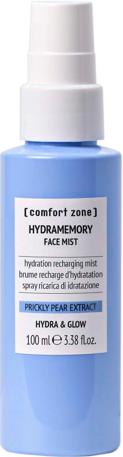 A blue face mist spray bottle labeled Comfort Zone Hydramemory with pear extract. It contains 100 ml of mist.