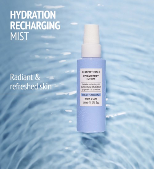 A blue facial mist bottle floats on water with white text about hydration and refreshing skin.