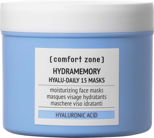 Sininen purkki valkoisella kannella, merkitty kasvonaamioilla, joissa on hyaluronihappoa, sisältää kosteuttavia kasvonaamioita.