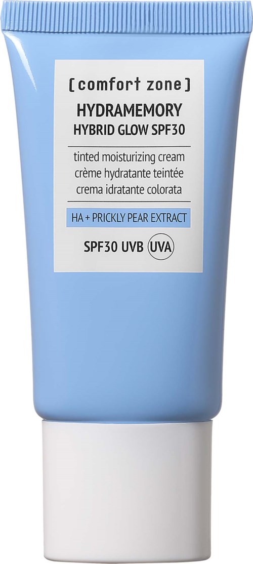 Sininen putkilö, jossa sävytetty kosteusvoide SPF 30 ja päärynäuute. Merkitty aurinkosuojaksi ja kosteutukseksi.