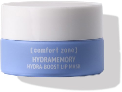A small blue jar with a white lid labeled 'HYDRAMEMORY Hydra-Boost Lip Mask' from the Comfort Zone brand.