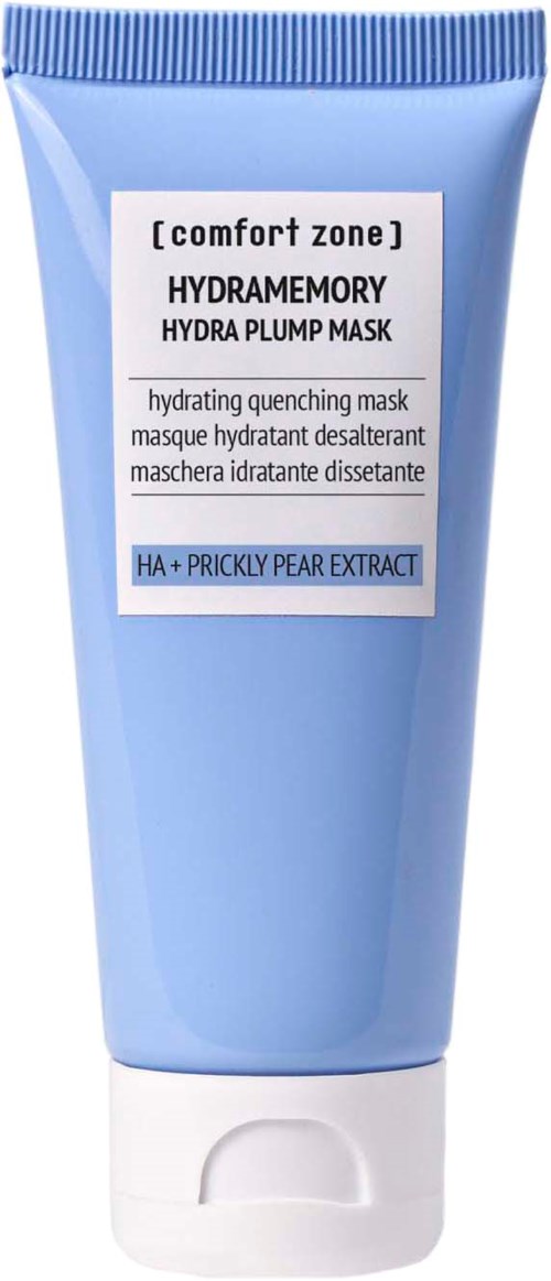 Sininen putki Hydramemory Hydrating Plump Mask, tekstiä, päärynäuutetta ja comfort zone -brändi.