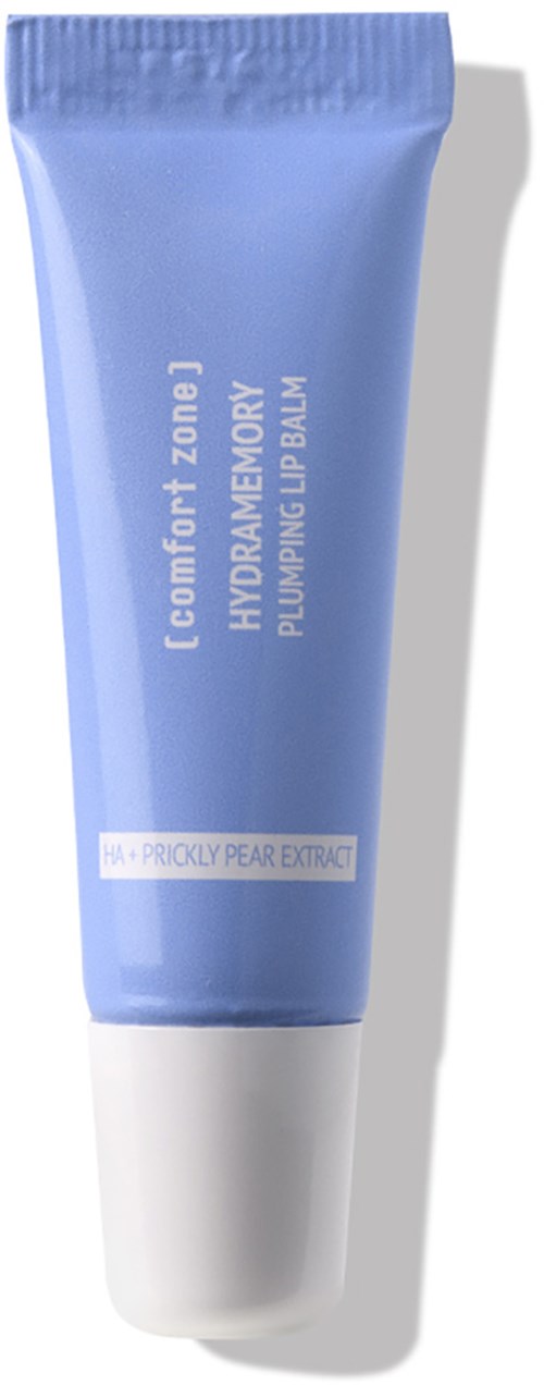 Blue tube of lip balm labeled as hydrating with prickly pear extract.