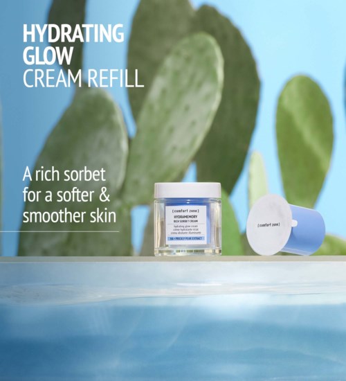 Tuoteastia ja levitin Hydraating Glow Creamille, taustalla kaktus ja teksti ihon hyvästä hoidosta.
